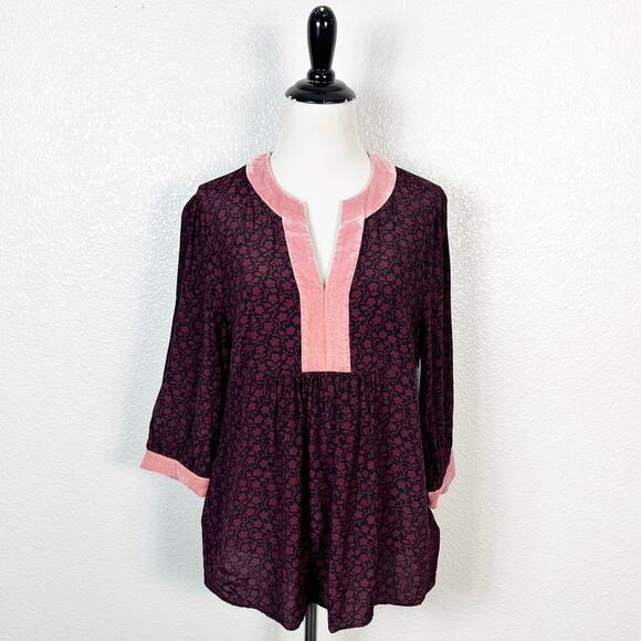 Boden Tops - Boden Womens Annabelle Velvet Trim Split‎ Neck Blouse Top Burgundy Floral Size 8